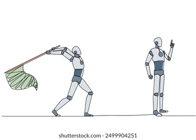 Continuous one line drawing the robot who comes up with an idea. A brilliant idea that will be stolen by a business partner. Cheating in business. Betrayal. Single line draw design vector illustration