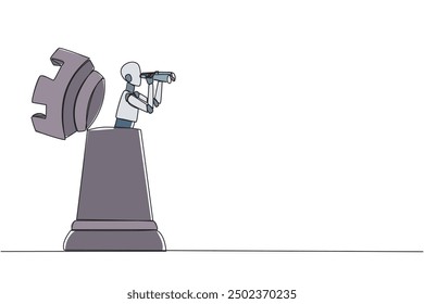 Continuous one line drawing a robot emerges from the rook chess pieces looking for something with binoculars. Scan. Analyzing strategy. Execute the mission. Single line draw design vector illustration