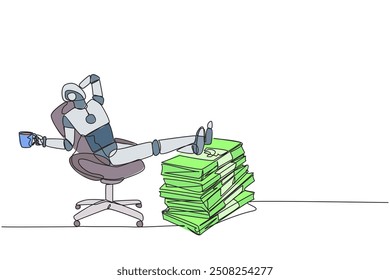 Continuous one line drawing robot sitting on a work chair holding mug. Foot resting on stacks of banknotes. The most successful and richest robot. Future. Single line draw design vector illustration