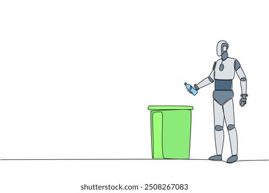 Continuous one line drawing robot throw used plastic bottles into overflowing trash cans. Environmental care. Programmed to always be clean. Future tech. Single line draw design vector illustration