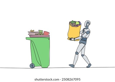 Continuous one line drawing robot walked carrying a trash bag in both hands towards the trash can. Robots help social activities to clean the environment. Single line draw design vector illustration