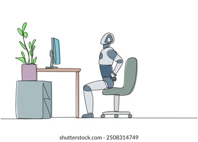 Continuous one line drawing robot sitting in a work chair with hands holding waist. Tutorial robots. Give instructions on how to stretch the body properly. Single line draw design vector illustration