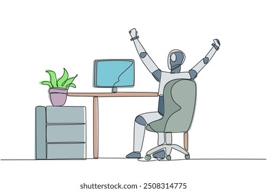 Continuous one line drawing the robot sit on chair opening and raising his hands. Stretching robot. Sitting and focusing too long. Future technology AI. Single line draw design vector illustration