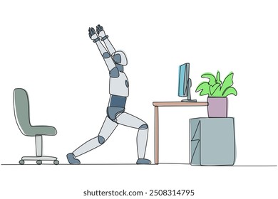 Continuous one line drawing robot stands with both hands raised and legs stretched. Robots increase the level of flexibility. Artificial intelligence. AI. Single line draw design vector illustration
