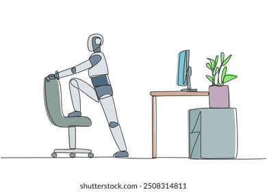 Continuous one line drawing robot stands while lifting one of his legs onto a chair. Robot exercising. Provide online guidance. Artificial intelligence. Single line draw design vector illustration