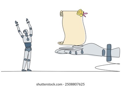 Continuous one line drawing robot was excited to get roll of stamped paper from the giant hand. Translating ancient writings. Looking for historical sites. Single line draw design vector illustration