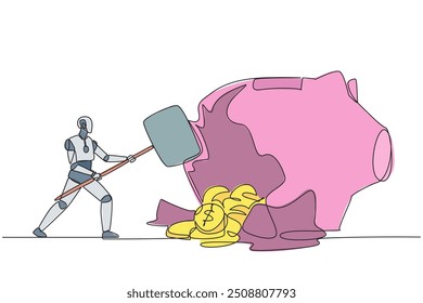 Continuous one line drawing robot hit big piggy bank with a big hammer until it cracked. Coins scattered around. Financial Problem. Wrong mapping algorithm. Single line draw design vector illustration