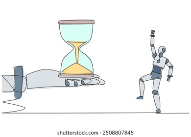 Continua una línea dibujando un robot emocionado para conseguir el reloj de arena de la mano gigante. Sin límite de tiempo. La más alta tecnología de inteligencia artificial. Futuro. Ilustración vectorial de diseño de dibujo de línea única