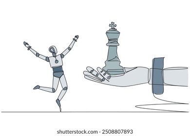 Continuous one line drawing a robot excited to get king's chess piece from giant hand. Get the best support system to become a reliable robot. Future tech. Single line draw design vector illustration