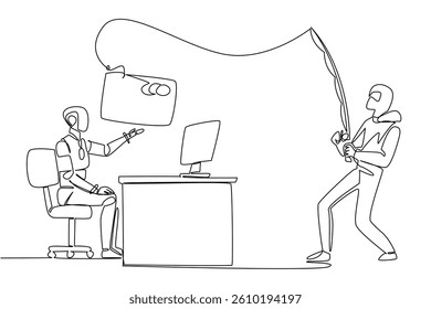 Continuous one line drawing robot types on laptop and thief fishes for large credit card. Security level strength test. National Senior Fraud Awareness Day. Single line draw design vector illustration