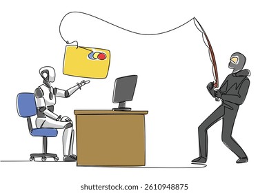 Continuous one line drawing robot types on laptop and thief fishes for large credit card. Security level strength test. National Senior Fraud Awareness Day. Single line draw design vector illustration