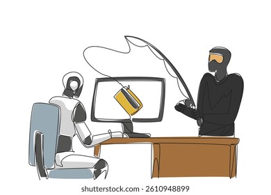 Continuous one line drawing robot typing and thief fishing credit card from the top of the screen. Breaking security. National Senior Fraud Awareness Day. Single line draw design vector illustration