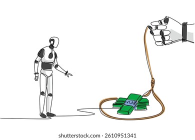 Continuous one line drawing robot walking towards a rope trap containing several stacks of banknotes. Barriers to a sophisticated future. Trap. Money Bait. Single line draw design vector illustration