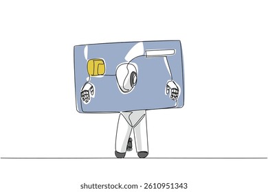Continuous one line drawing a robot trapped head and both hands in large credit card. Artificial intelligence experiment fails miserably. Debt. Money Bait. Single line draw design vector illustration