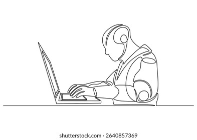 Continuous one line drawing of Robot humanoid use laptop. Single line drawing illustration of Humanoid robot use laptop. 4th fourth industrial revolution concept vector art. Doodle line illustration.