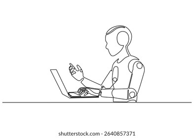 Continuous one line drawing of Robot humanoid use laptop. Single line drawing illustration of Humanoid robot use laptop. 4th fourth industrial revolution concept vector art. Doodle line illustration.