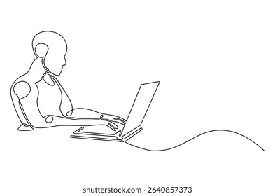 Continuous one line drawing of Robot humanoid use laptop. Single line drawing illustration of Humanoid robot use laptop. 4th fourth industrial revolution concept vector art. Doodle line illustration.