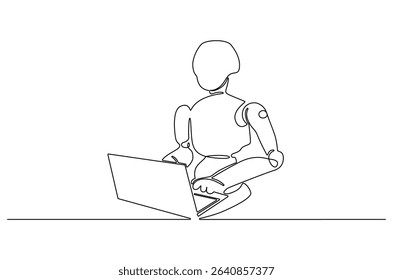 Continuous one line drawing of Robot humanoid use laptop. Single line drawing illustration of Humanoid robot use laptop. 4th fourth industrial revolution concept vector art. Doodle line illustration.