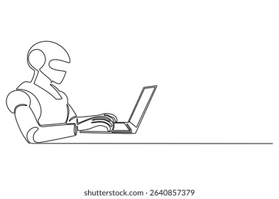 Continuous one line drawing of Robot humanoid use laptop. Single line drawing illustration of Humanoid robot use laptop. 4th fourth industrial revolution concept vector art. Doodle line illustration.