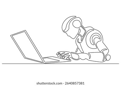 Continuous one line drawing of Robot humanoid use laptop. Single line drawing illustration of Humanoid robot use laptop. 4th fourth industrial revolution concept vector art. Doodle line illustration.