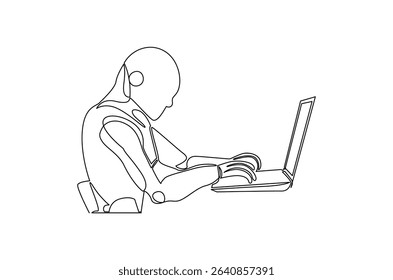 Continuous one line drawing of Robot humanoid use laptop. Single line drawing illustration of Humanoid robot use laptop. 4th fourth industrial revolution concept vector art. Doodle line illustration.