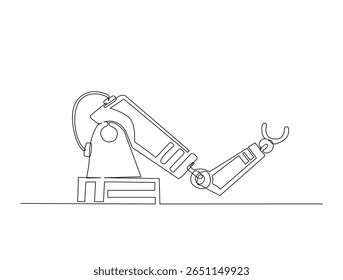 Desenho contínuo de uma linha de robô braço máquina para a indústria. Ilustração do esboço da tecnologia do braço robótico. Vetor editável.
