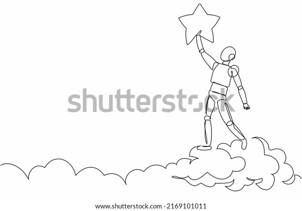 Continuous one line drawing robot reaching\
star on the sky. Business champion to get reward. Humanoid robot\
cybernetic organism. Future robotic development. Single line draw\
design vector\
illustration