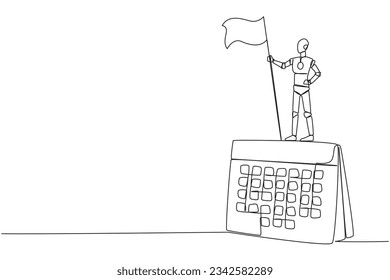 Continuous one line drawing of robotic artificial intelligence standing on giant desk calendar holding fluttering flag. Future technology robot concept. Single line draw design vector illustration