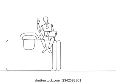 Continuous one line drawing robotic artificial intelligence sitting on giant briefcase holding laptop raise one hand. Programming robots can travel on business. Single line design vector illustration