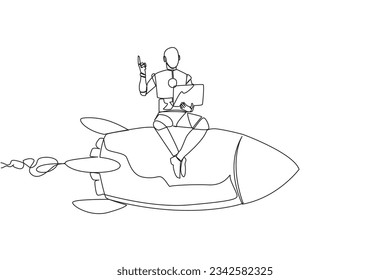 Kontinuierliche Zeichnung einer Linie Roboter künstliche Intelligenz sitzend auf fliegenden Raketen halten Laptop heben eine Hand. Moderne Roboter mit zukünftiger Technologie. Vektorgrafik-Design für einzelne Linien