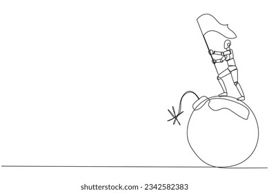 Continuous one line drawing of robotic artificial intelligence standing on large bomb with a burning fuse holding flag. Concept of business near deadline. Single line draw design vector illustration