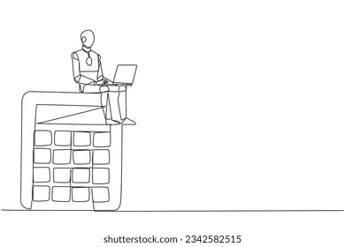 Continuous one line drawing of robotic artificial intelligence sitting on giant calculator typing on laptop. Modern robot analyzes financial. Electronic technology industry. Single line design vector