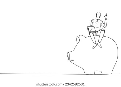 Una línea contínua dibujando inteligencia artificial robótica sentada en un gran banco de cerdos con una laptop levanta una mano. Los robots hacen inversiones. Concepto futuro. Ilustración vectorial de diseño de una sola línea