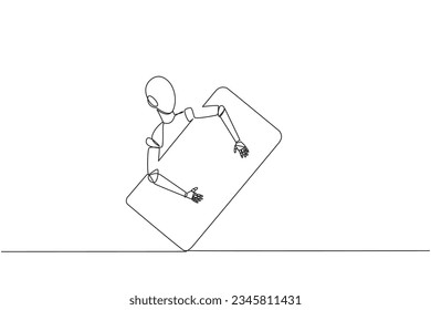 Continuous one line drawing robotic hugging handphone. Added a robotic system so that handphone cannot be tracked. Future technology development. AI tech. Single line draw design vector illustration