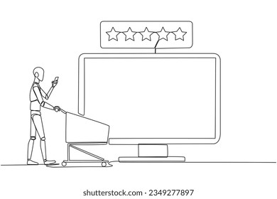 Continuous one line drawing robotic walking carry trolley while typing on a smartphone towards large monitor screen. Online shopping. Rate 5 star. AI tech. Single line draw design vector illustration