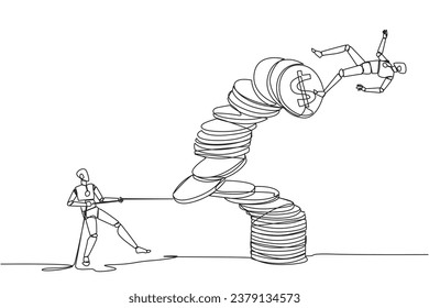 Continuous one line drawing robotic pull one of a piles of coins who made the person on top fall. Business fraud. Misappropriation of office money. Traitor. Single line draw design vector illustration