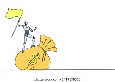 Continuous one line drawing of robotic artificial intelligence standing on giant money bag holding fluttering flag. Future technology robot development. Single line draw design vector illustration