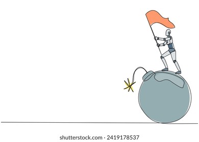 Continuous one line drawing of robotic artificial intelligence standing on large bomb with a burning fuse holding flag. Concept of business near deadline. Single line draw design vector illustration