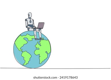 Una línea contínua dibujando inteligencia artificial robótica sentada en el globo gigante escribiendo laptop. Desarrollo de la industria de la tecnología electrónica. Tecnología futura. Ilustración vectorial de diseño de líneas simples