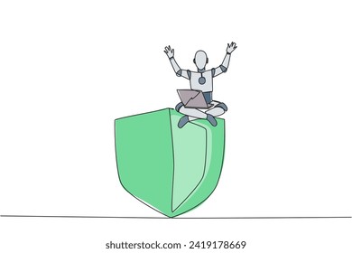 Continuous one line drawing robotic artificial intelligence sitting on giant shield holding laptop raise both hands. Firewall robots. Prevent virus attacks. Single line draw design vector illustration