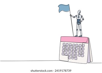 Continuous one line drawing of robotic artificial intelligence standing on giant desk calendar holding fluttering flag. Future technology robot concept. Single line draw design vector illustration