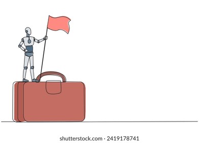 Continuous one line drawing of robotic artificial intelligence standing on giant briefcase holding fluttering flag. Future technology robot development. Single line draw design vector illustration