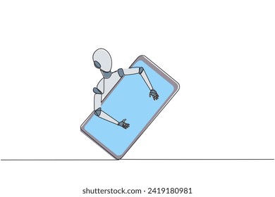 Continuous one line drawing robotic hugging handphone. Added a robotic system so that handphone cannot be tracked. Future technology development. AI tech. Single line draw design vector illustration