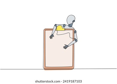 Continuous one line drawing robotic hugging clipboard. Provide assistance to double check work. Artificial intelligence technology development. Electrical. Single line draw design vector illustration