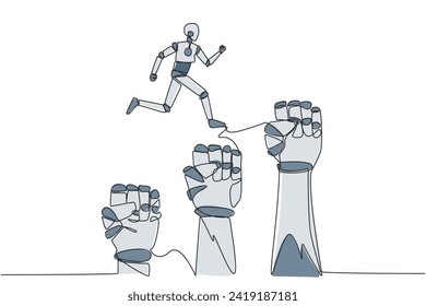 Continuous one line drawing robotic running leaping over three large clenched fists. Teamwork managed to get through bigger challenges. Future technology. Single line draw design vector illustration