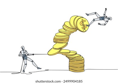 Continuous one line drawing robotic pull one of a piles of coins who made the person on top fall. Business fraud. Misappropriation of office money. Traitor. Single line draw design vector illustration