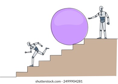 Continuous one line drawing robotic running down stairs avoiding big ball. Attacked by business friends. Traitor in business. Cheating in business. Betray. Single line draw design vector illustration