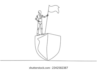 Continuous one line drawing of robotics standing on giant shield holding fluttering flag. Celebration of network security robot intelligence. Future robots. Single line draw design vector illustration