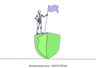 Continuous one line drawing of robotics standing on giant shield holding fluttering flag. Celebration of network security robot intelligence. Future robots. Single line draw design vector illustration