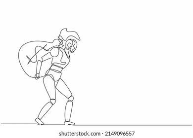 Continuous one line drawing robots carry heavy huge bag full cash of money. Humanoid robot cybernetic organism. Future robotics development concept. Single line draw design vector graphic illustration